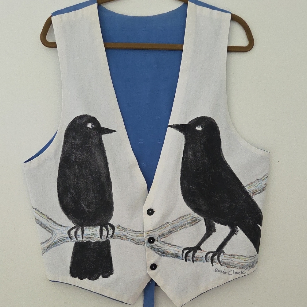 Rosie Clark Art To Wear Hand Painted Bird-Themed Vest with Black Crow Design L
